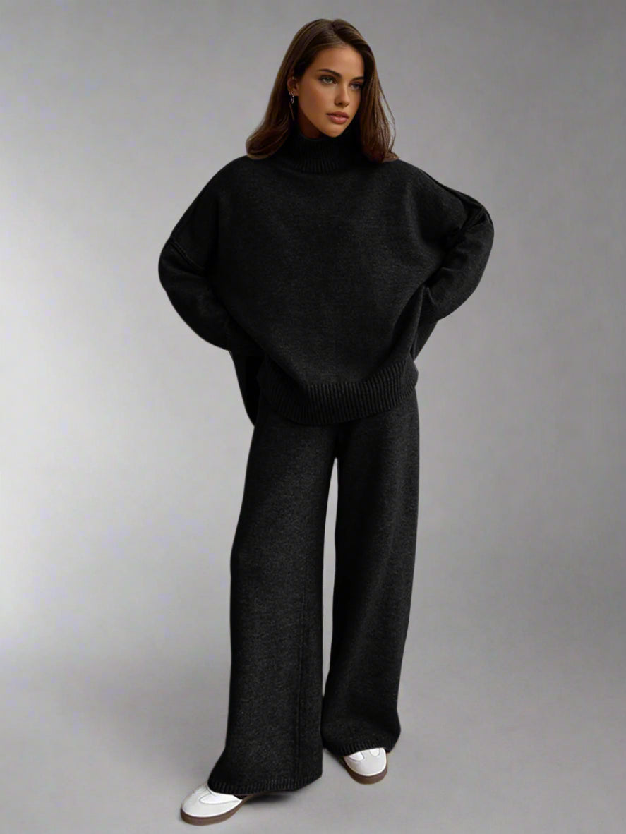 Stylish women's soft knit turtleneck lounge set, versatile for cozy casual wear or relaxed home fashion.