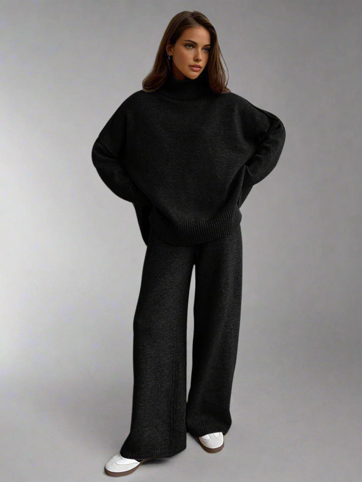 Stylish women's soft knit turtleneck lounge set, versatile for cozy casual wear or relaxed home fashion.