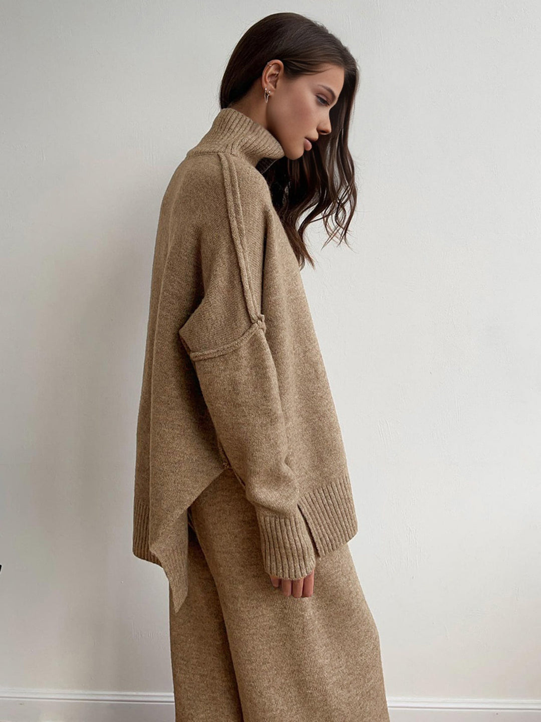 Soft knit turtleneck top of women's lounge set, perfect for cozy comfort & casual winter fashion.