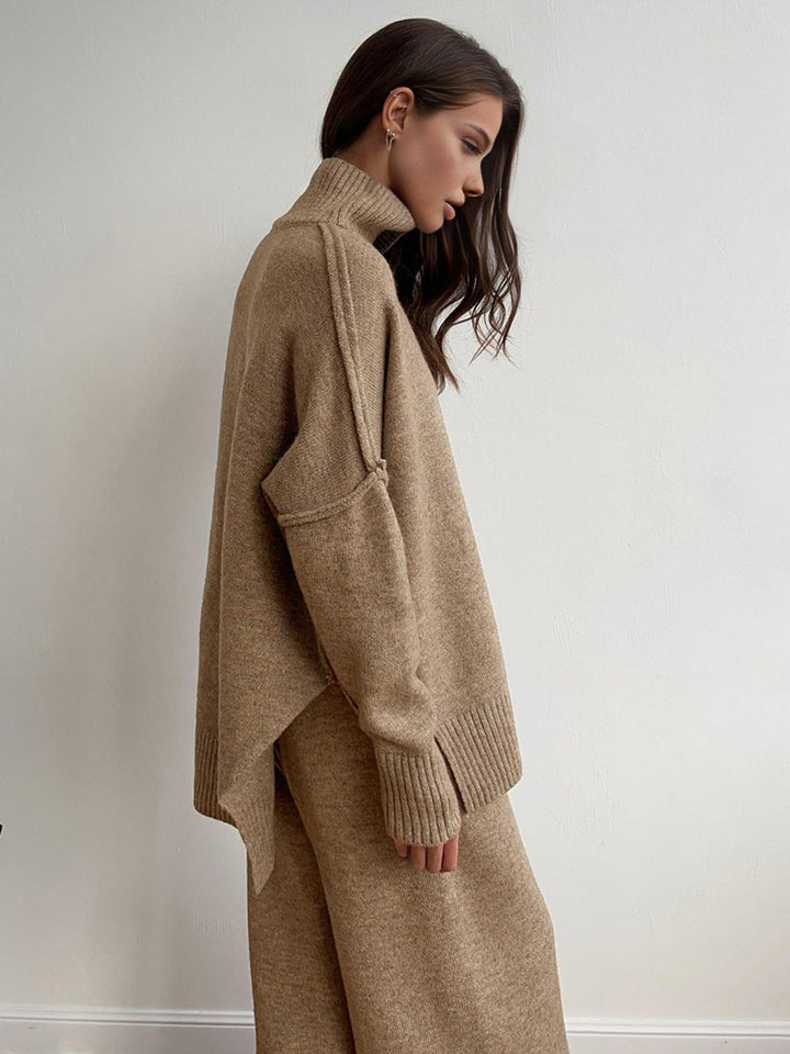 Soft knit turtleneck top of women's lounge set, perfect for cozy comfort & casual winter fashion.