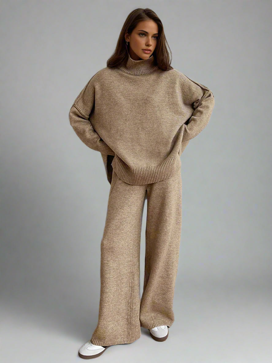 Comfy wide-leg knit pants from a women's lounge set, ideal for relaxed casual wear & soft comfort.