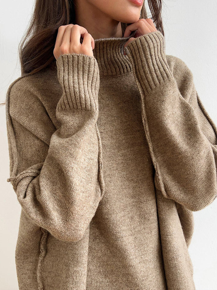 Model wearing a women's soft knit turtleneck lounge set, perfect cozy outfit for casual winter days.