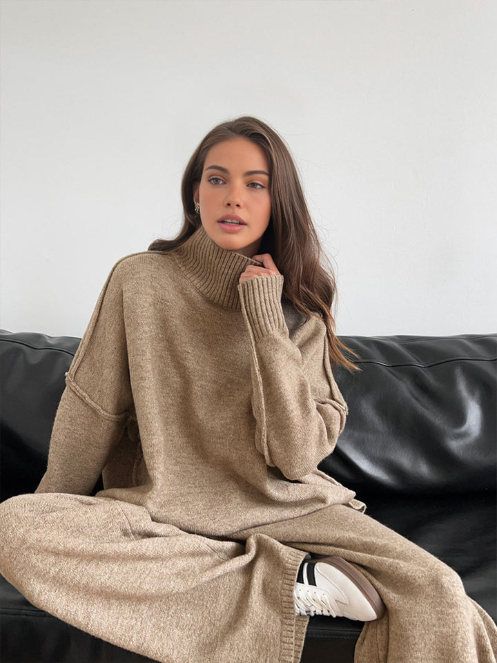 Close-up of the soft knit texture of a women's turtleneck lounge set, highlighting cozy comfort.