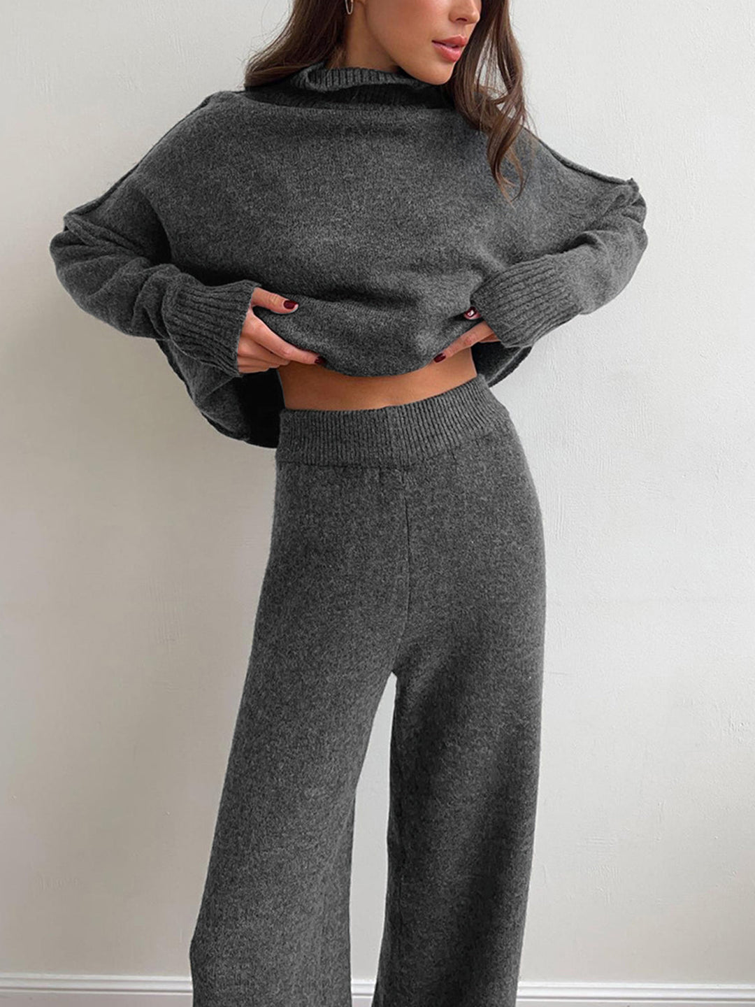 Ultra-soft women's knit turtleneck lounge set, a cozy outfit for ultimate comfort and casual style.