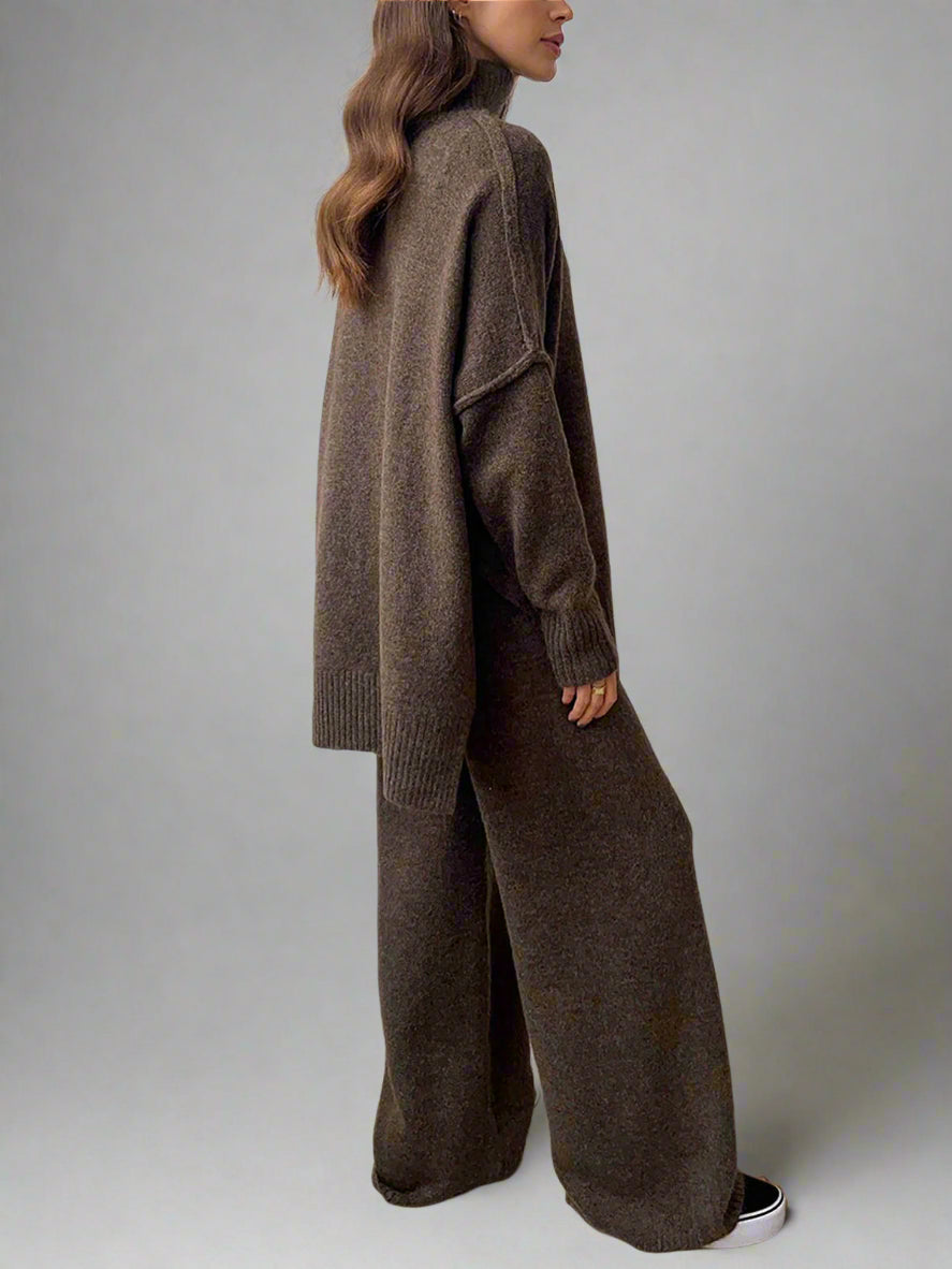Winter fashion: Women's cozy knit turtleneck lounge set with wide-leg pants, ideal for cold days.
