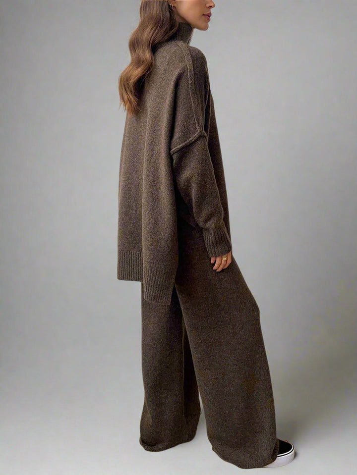 Winter fashion: Women's cozy knit turtleneck lounge set with wide-leg pants, ideal for cold days.