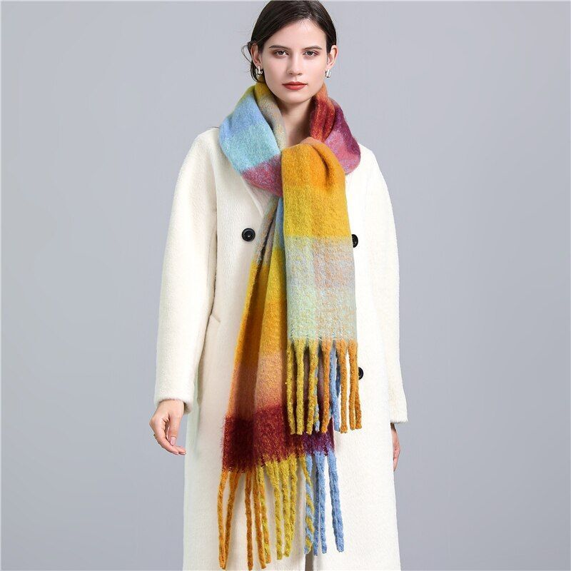 Women's soft plaid cashmere scarf, warm and stylish winter accessory.
