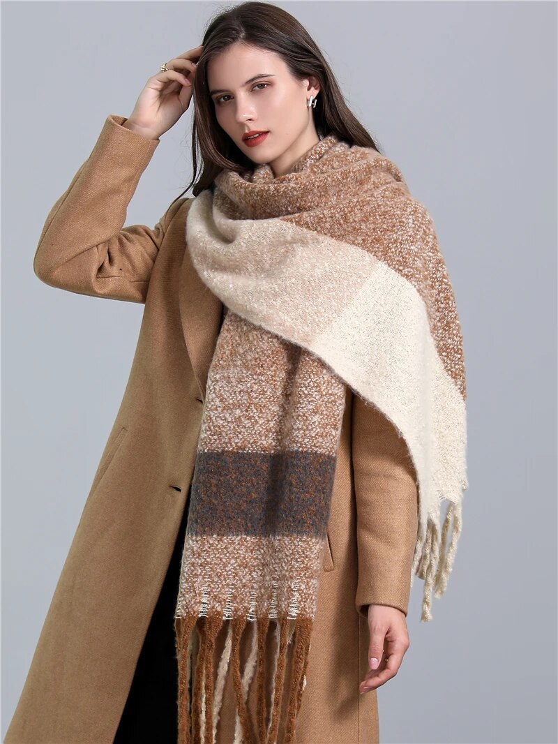 Fashion-forward women's checked cashmere scarf, ideal for winter outfits.