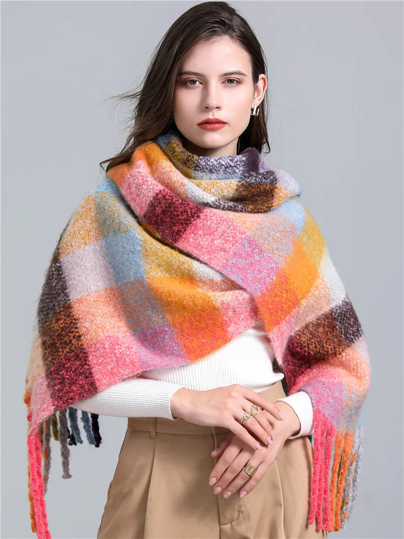 Warm and stylish women's plaid cashmere scarf, ideal for chilly winter days.