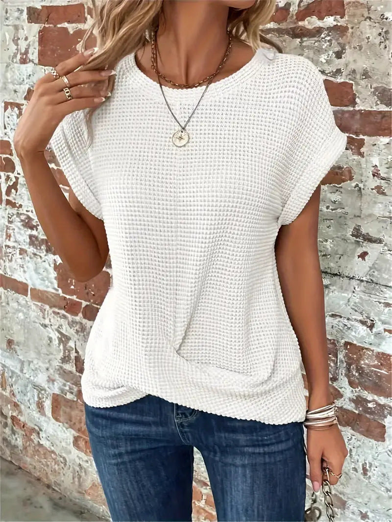 Soft fabric women's casual tee featuring a cozy waffle knit texture for comfort.