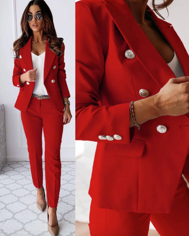 Elegant tailored trousers & double-breasted blazer set for women, a modern professional business suit.