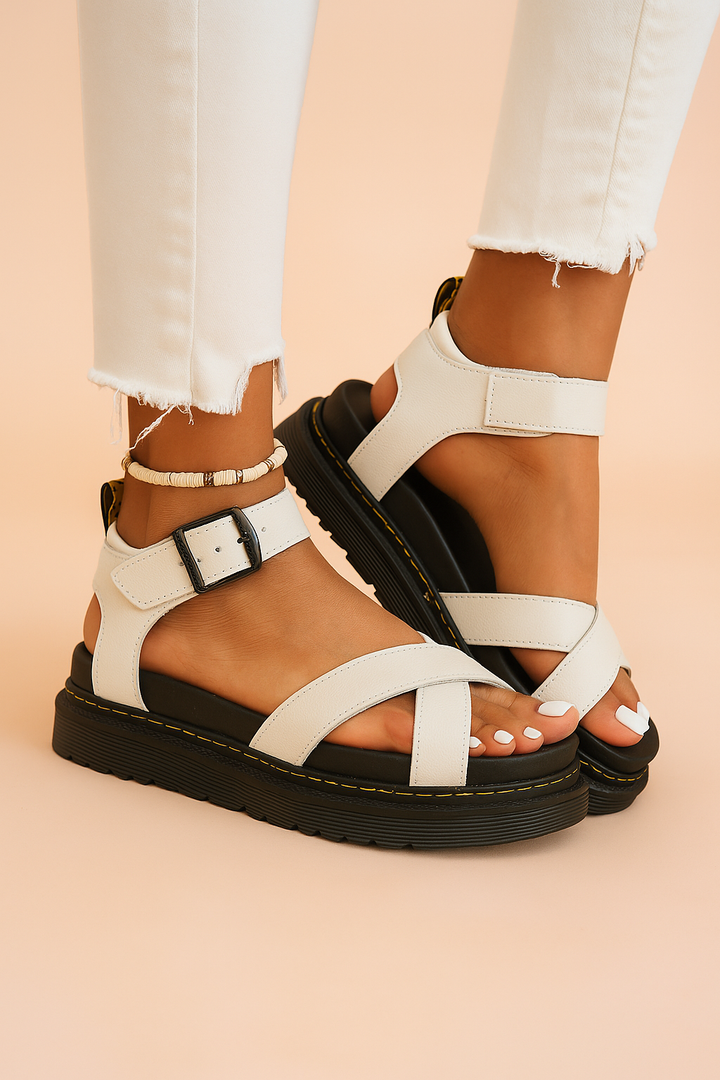 Women's sporty strappy platform sandals in black, designed for all-day comfort and casual summer fashion. Features adjustable buckle.