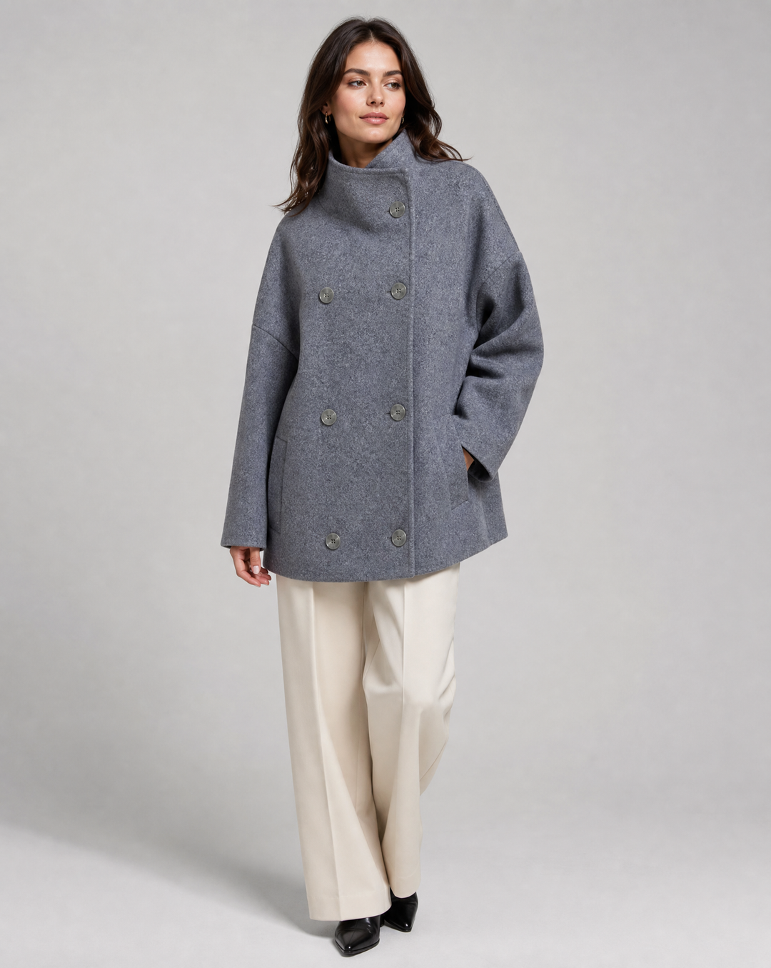 Women's stand collar pea coat, classic style outerwear for elegant fall and winter fashion.