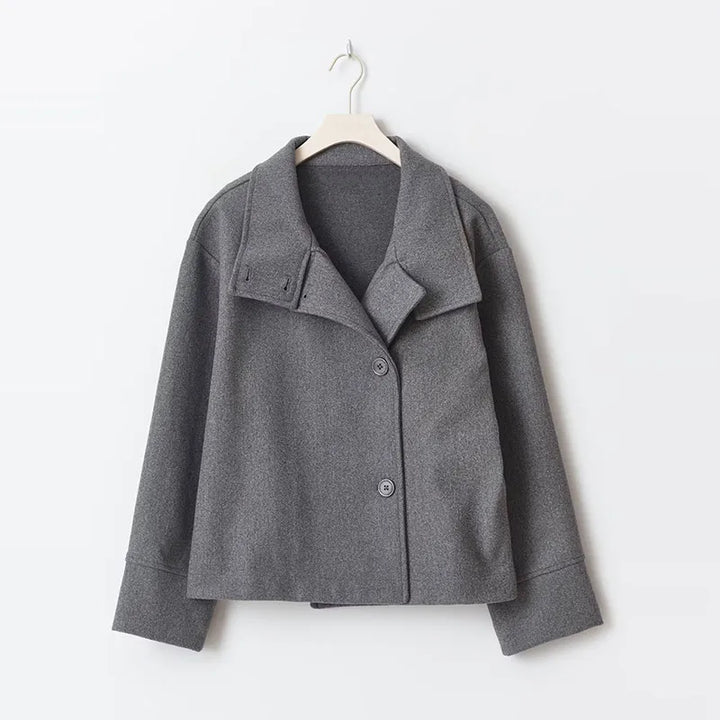 Stylish women's stand collar pea coat, versatile outerwear for fall and winter style.