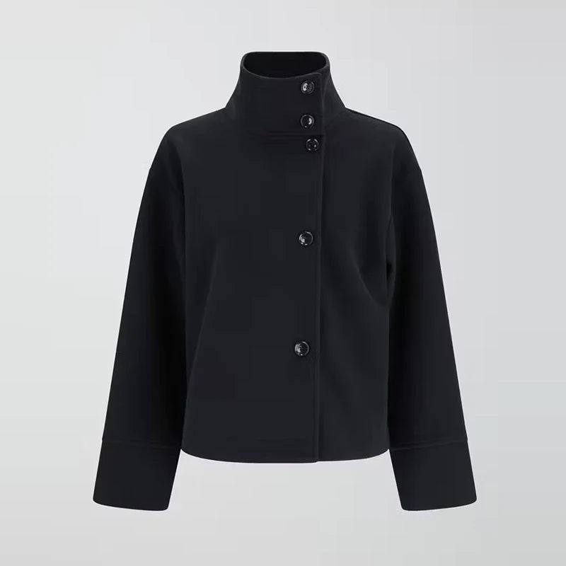 Women's elegant pea coat with stand collar, a classic fall fashion outerwear choice.