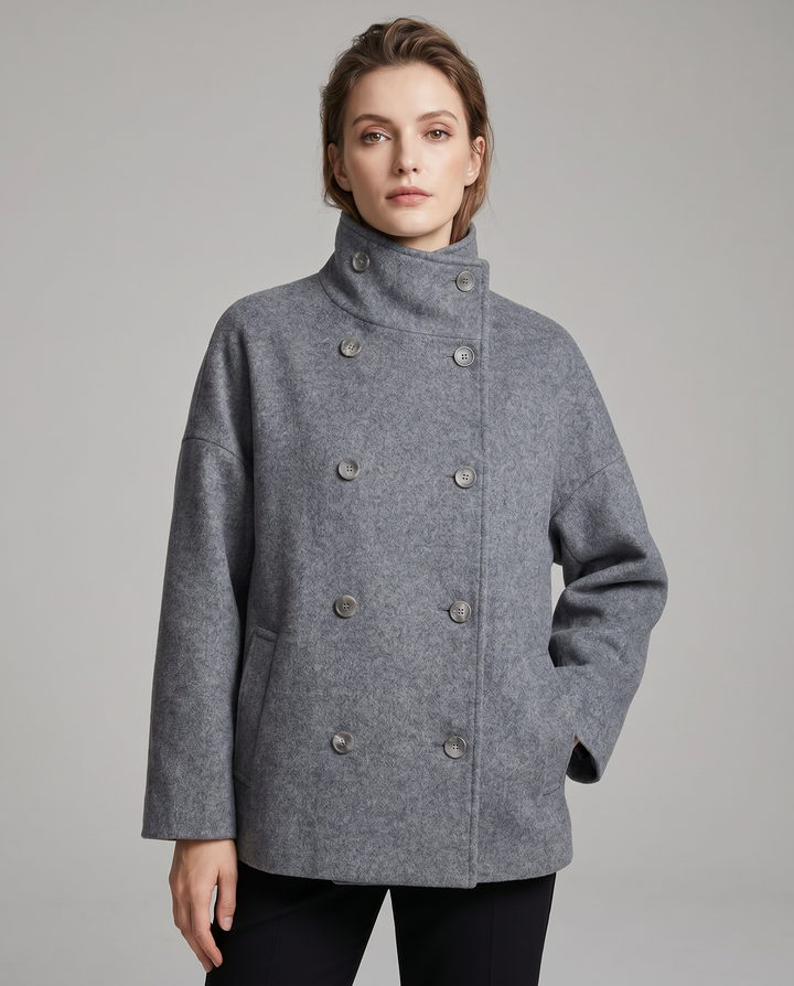 Stylish women's pea coat with a stand collar, perfect versatile winter jacket for women.