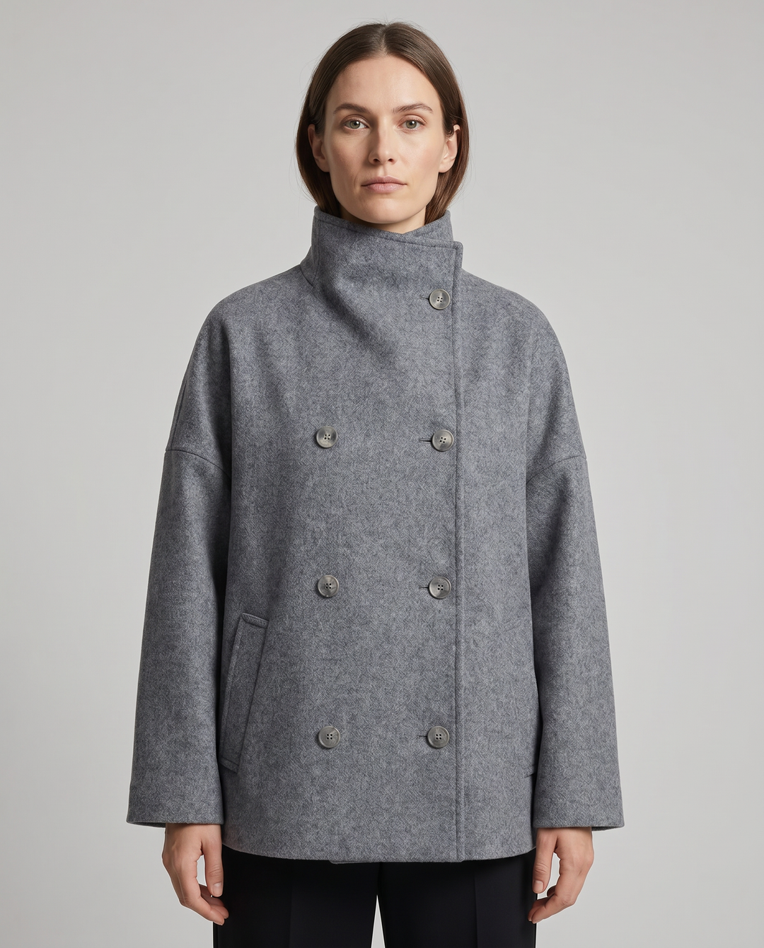 Elegant stand collar women's pea coat, a timeless classic outerwear piece for fall fashion.
