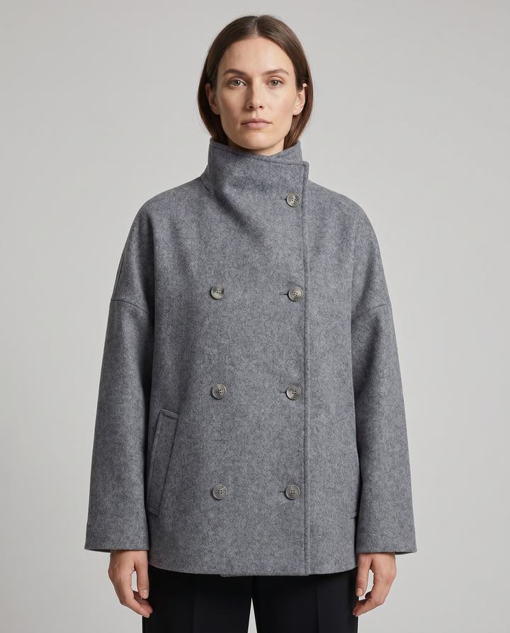 Elegant stand collar women's pea coat, a timeless classic outerwear piece for fall fashion.