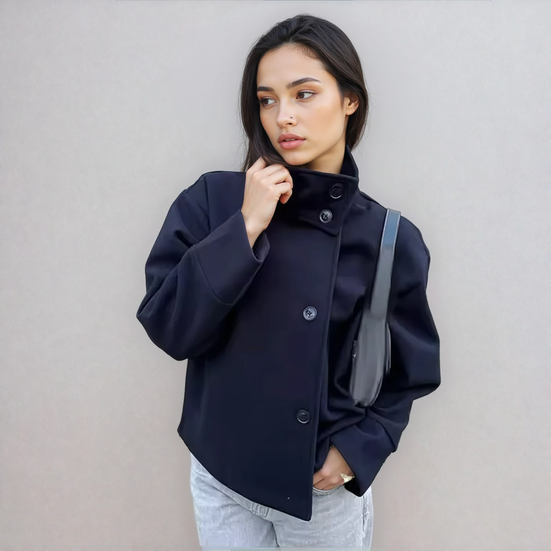 Classic women's pea coat featuring a stand collar, perfect for sophisticated fall fashion.