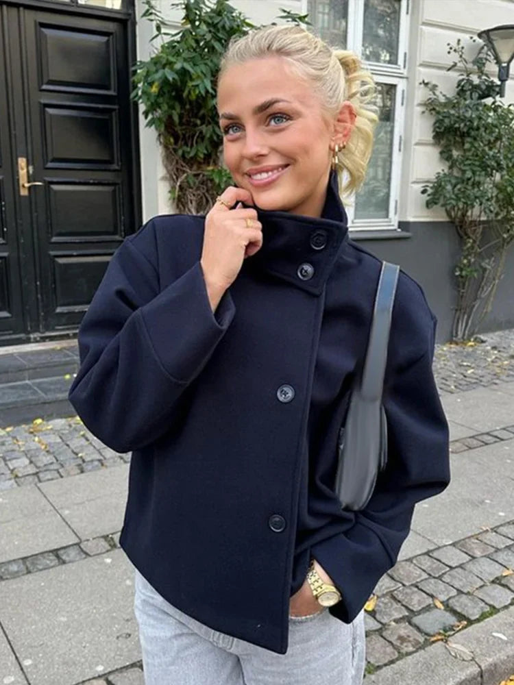 Versatile women's pea coat, a chic stand collar winter jacket for everyday elegance.