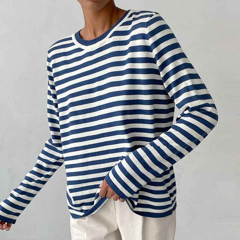 Women's striped knit sweater, relaxed long sleeve crewneck, perfect for casual fall & winter style.