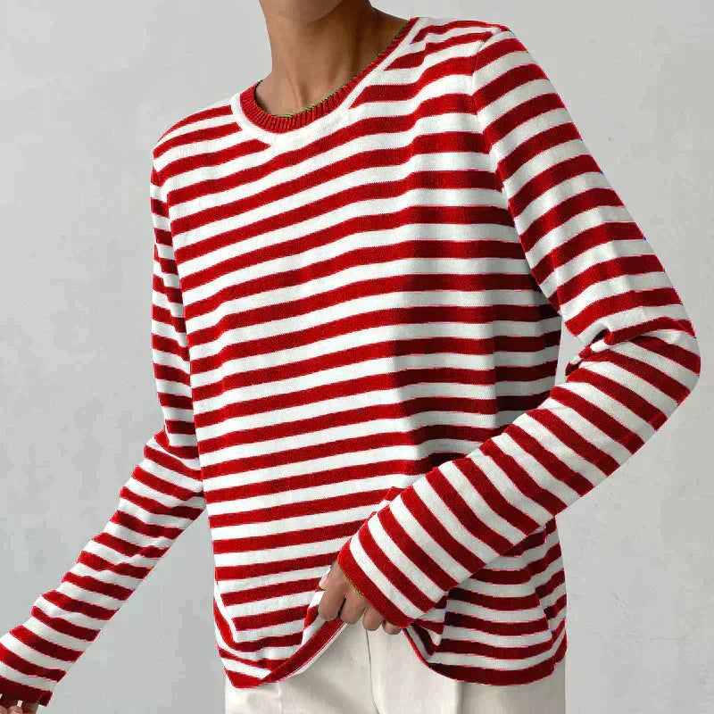 Soft knit striped women's sweater, relaxed long sleeve crewneck pullover, perfect for casual comfort.