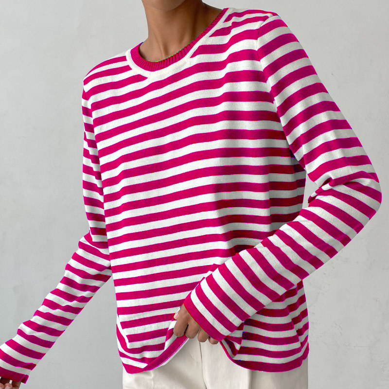 Relaxed fit women's striped knit sweater, long sleeve crewneck pullover for comfortable fall & winter fashion.