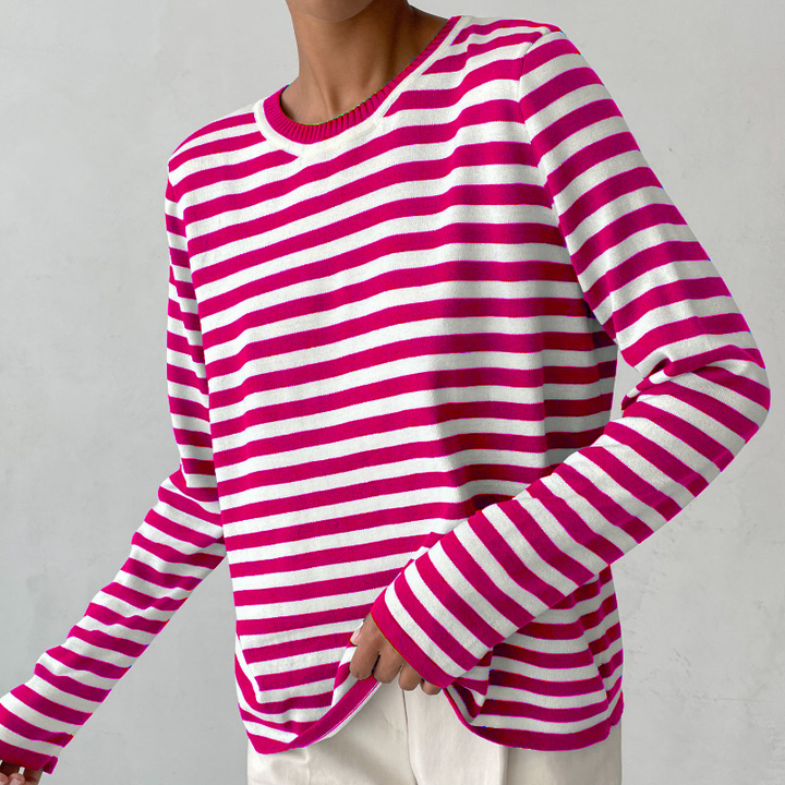 Relaxed fit women's striped knit sweater, long sleeve crewneck pullover for comfortable fall & winter fashion.