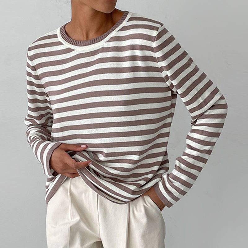 Chic women's striped knit pullover sweater with a relaxed fit, comfortable long sleeves & crewneck.