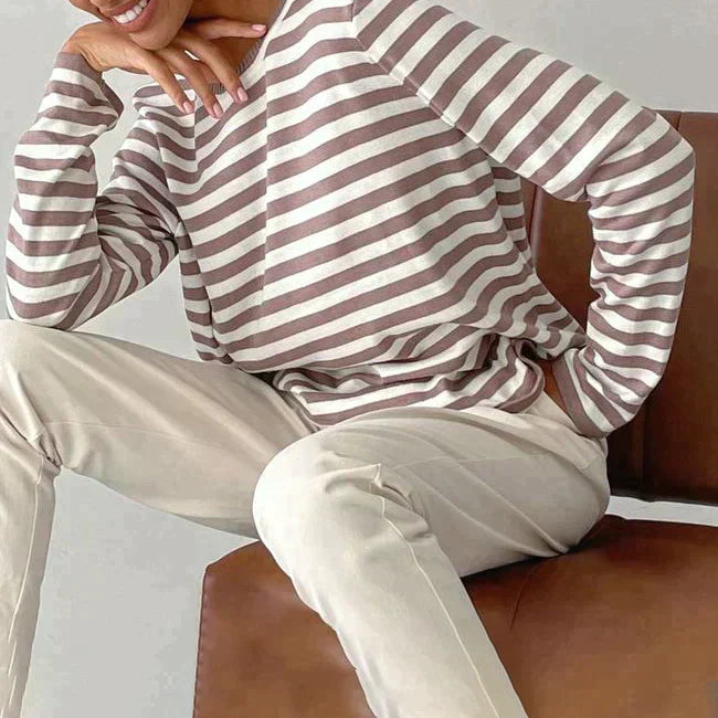 Versatile women's striped knit sweater, ideal for casual wear, fall fashion, and winter layering.