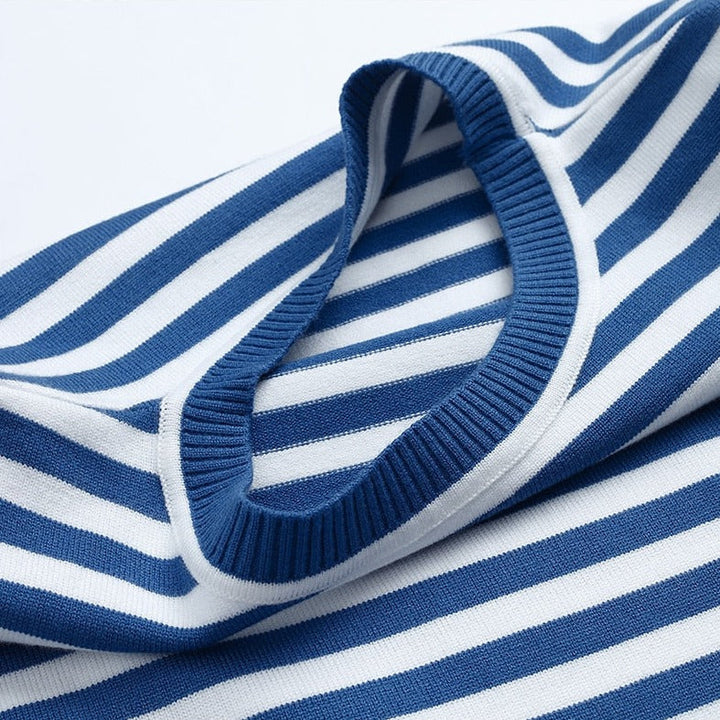 Fall fashion women's striped knit sweater, a relaxed long sleeve crewneck pullover for cozy style.