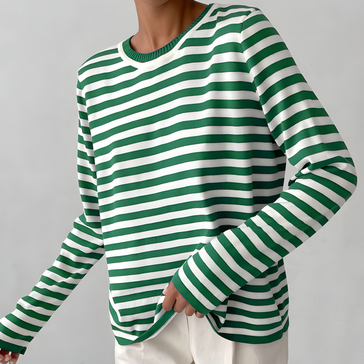 Women's striped knit pullover sweater, a relaxed long sleeve crewneck for easy, chic casual wear.