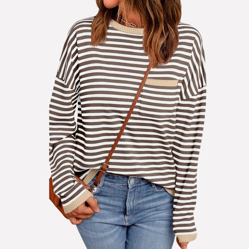 Chic women's relaxed fit striped pullover sweater, long sleeve for effortless transitional everyday style.