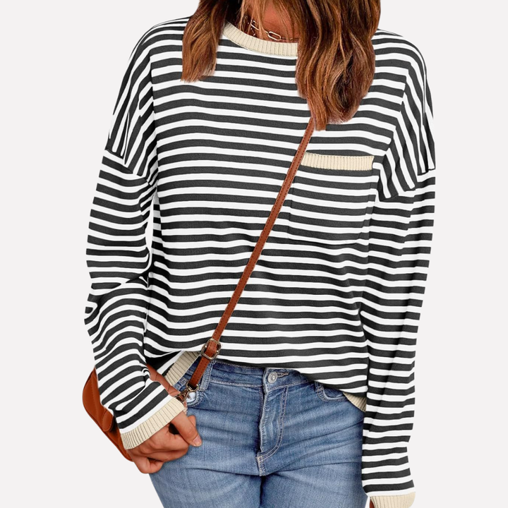 New women's striped pullover sweater, long sleeve, relaxed fit, perfect for casual and chic everyday styling.