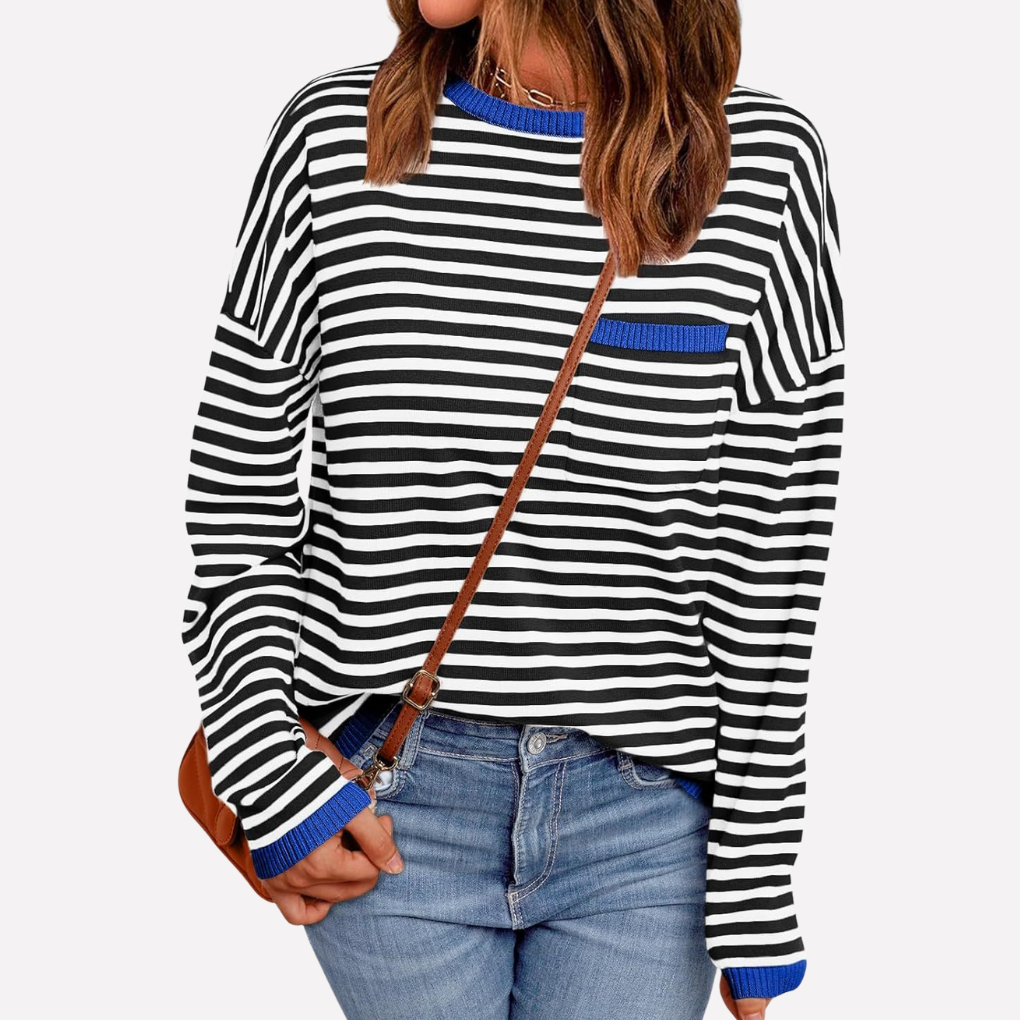 Effortless women's striped pullover sweater, soft knit, relaxed fit, long sleeve, a versatile everyday top.
