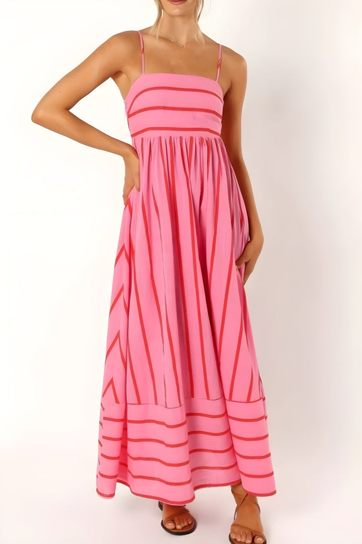Flowy women's striped maxi dress with thin straps, perfect for warm weather.