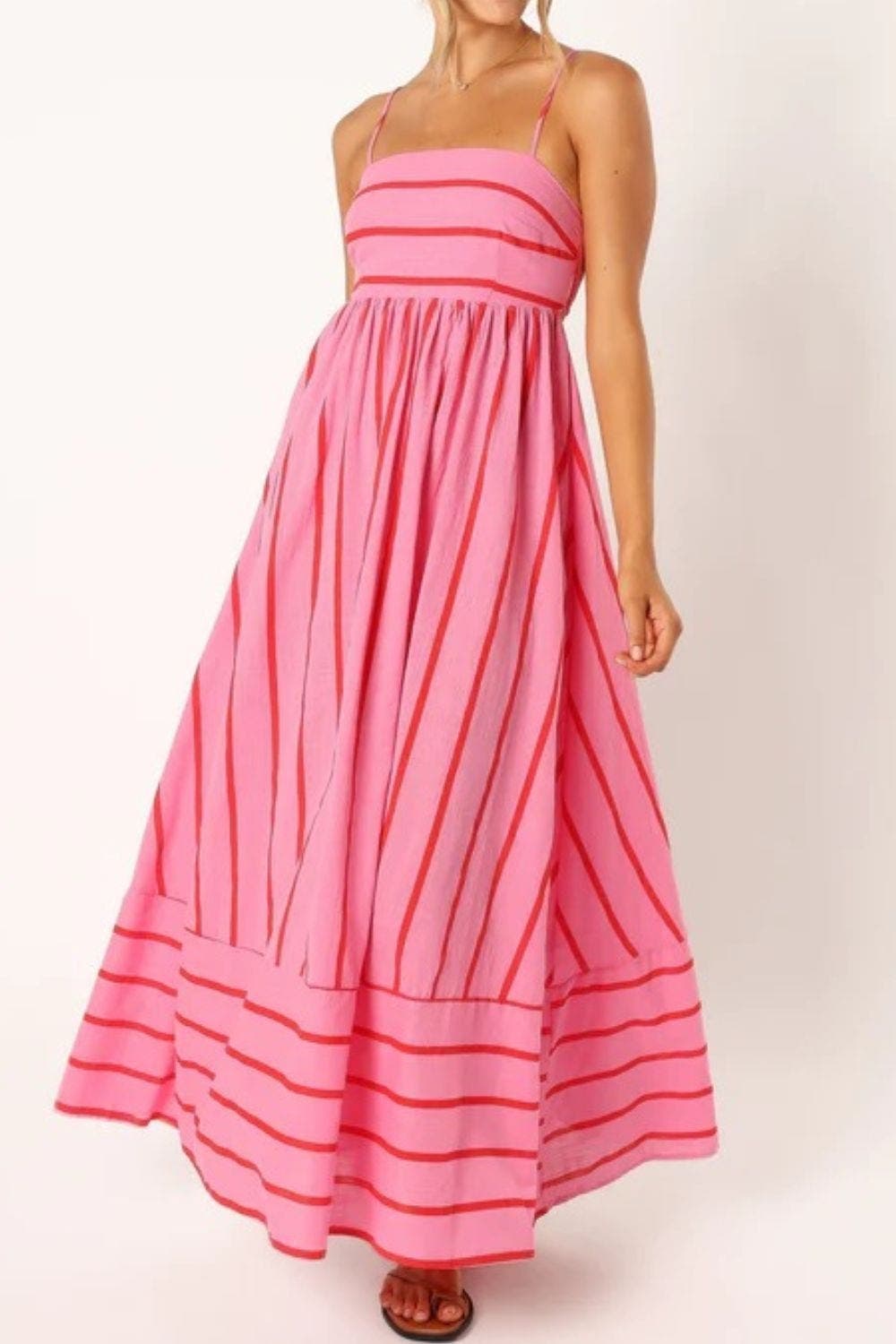 Elegant striped strappy maxi dress for women, great for summer casual wear.