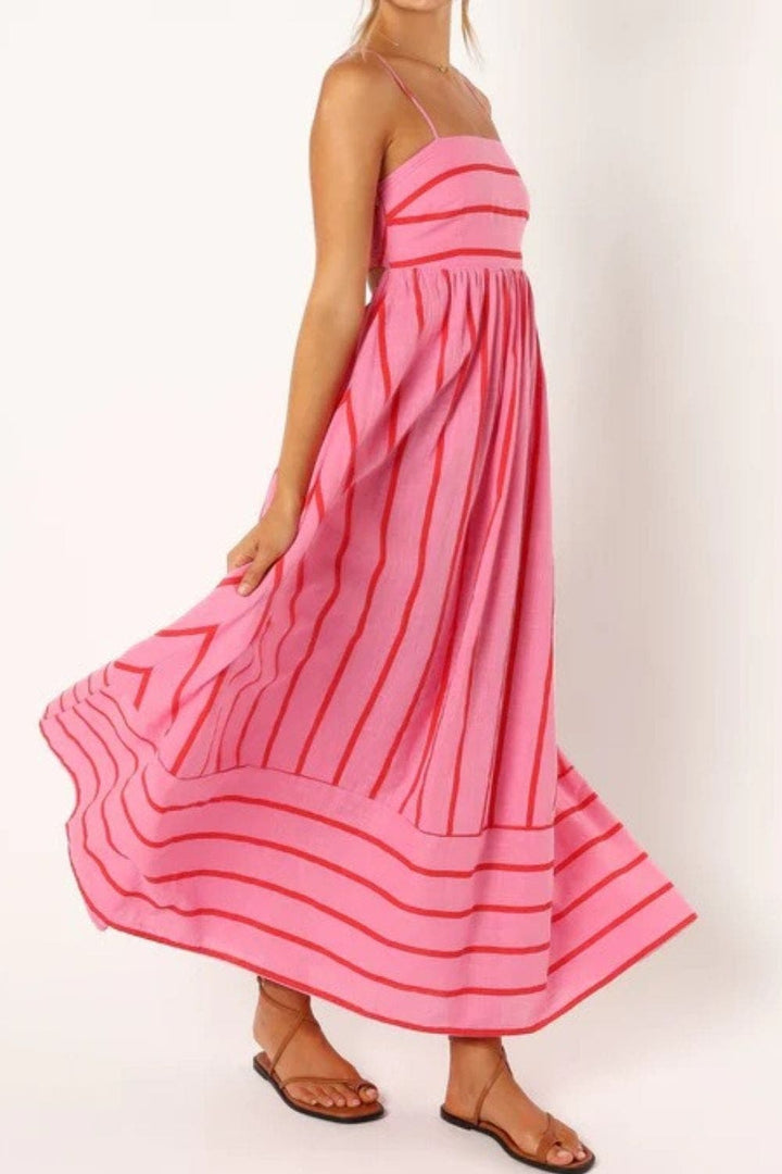 Vacation-ready striped maxi dress for women, elegant strappy summer style.