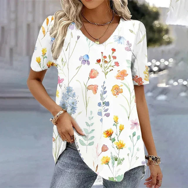 Women's striped V-neck tee, a comfortable and chic short sleeve top for effortless everyday style.