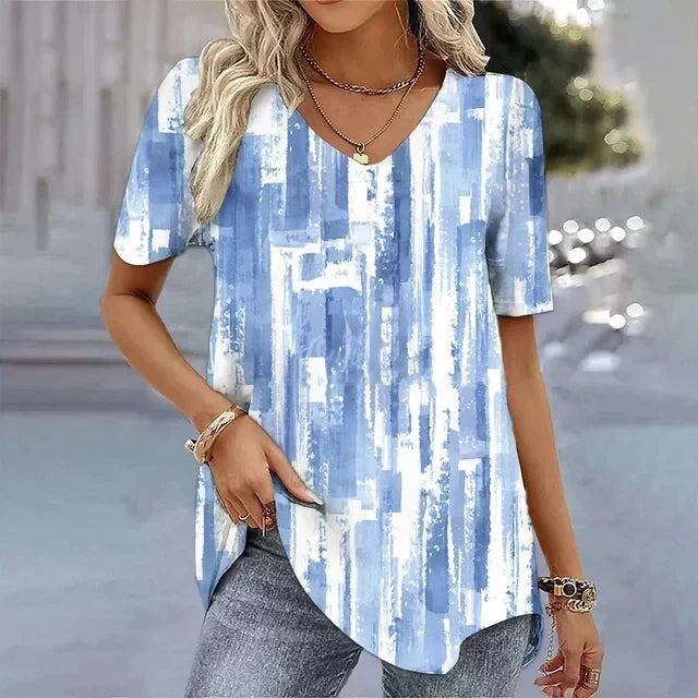 Relaxed fit women's V-neck tee with stylish stripes. Comfortable short sleeve top for everyday fashion.