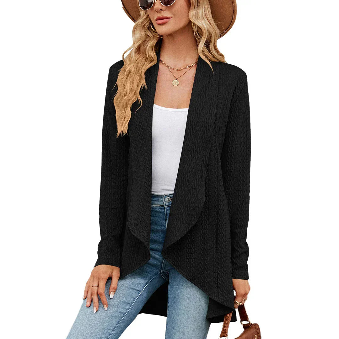 Comfortable women's autumn cardigan, versatile open-front for fall style.