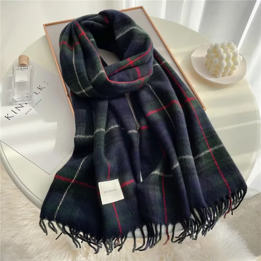 Women's stylish checkered knitted cashmere scarf, perfect for winter warmth & fall fashion.