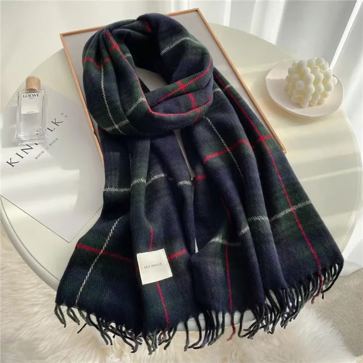 Women's stylish checkered knitted cashmere scarf, perfect for winter warmth & fall fashion.