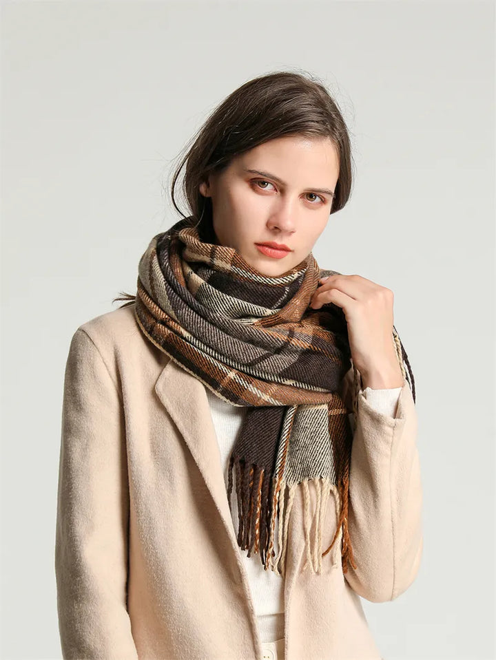 Angela Knitted Cashmere Scarf: a soft, warm, and stylish checkered accessory for women's winter outfits.