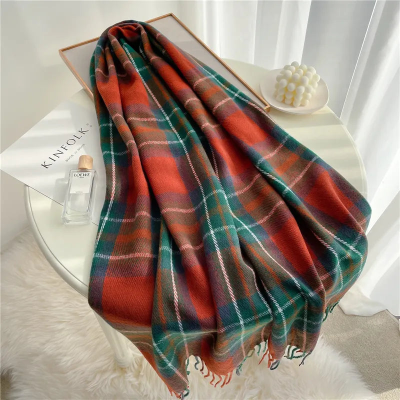 Elegant women's knitted cashmere scarf, a warm checkered accessory for autumn and winter fashion.