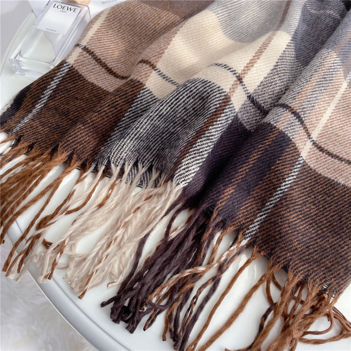 Trendy Angela checkered knitted scarf, premium cashmere for women's cozy fall & winter fashion.