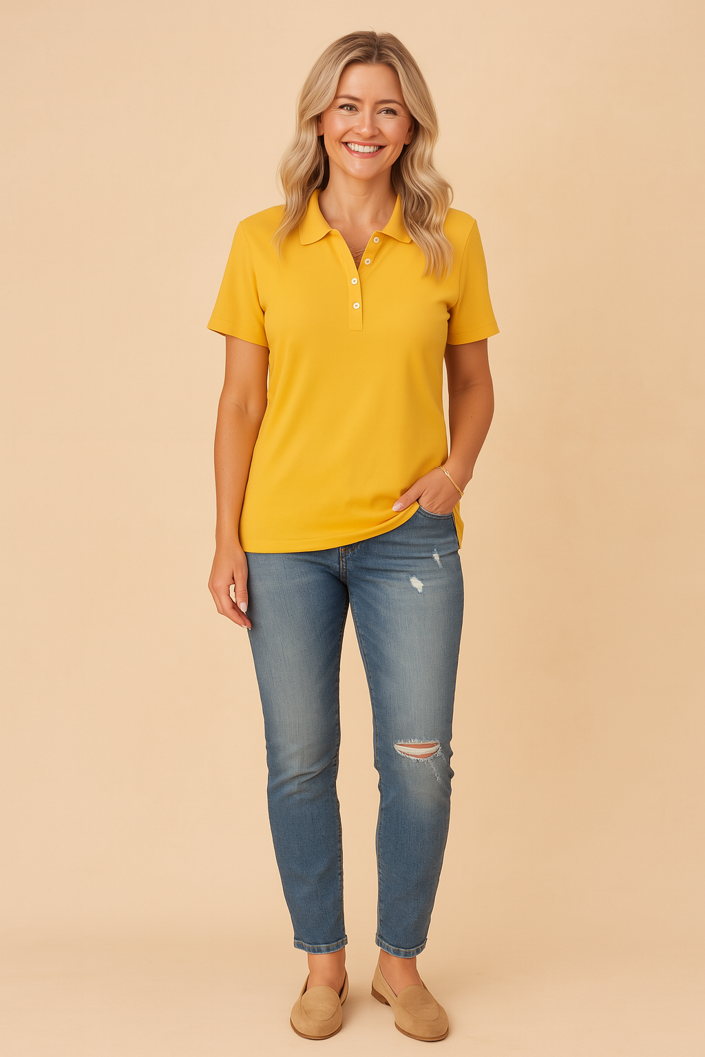 Comfortable women's everyday polo blouse, a short sleeve top with a chic button neckline for casual style.