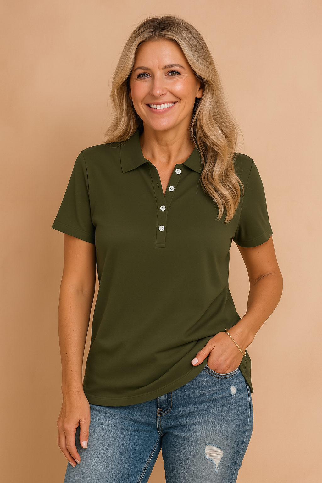 Summer-ready women's short sleeve polo shirt, a classic fitted top for effortless chic and comfort.