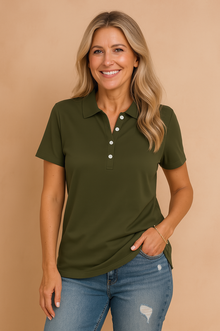 Summer-ready women's short sleeve polo shirt, a classic fitted top for effortless chic and comfort.