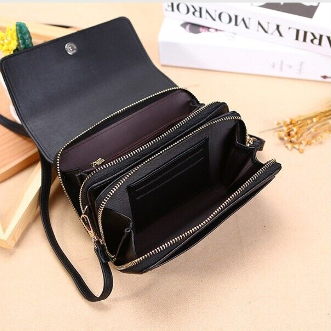 Multi-use faux leather shoulder bag & travel wallet for women, ideal for various occasions.